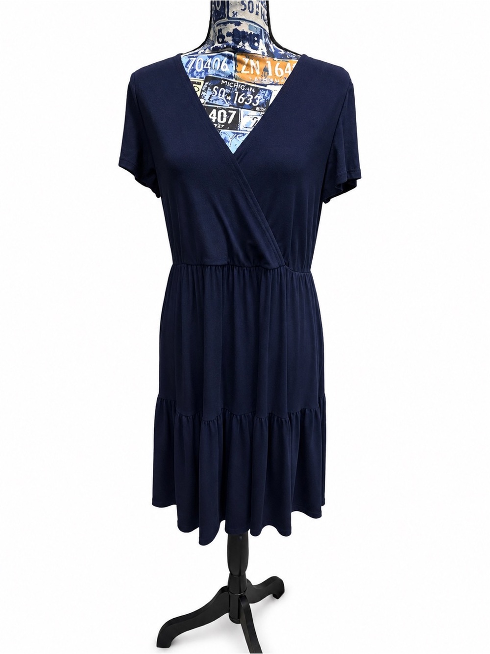 Tiana B. Navy Wrap Tiered Midi Dress